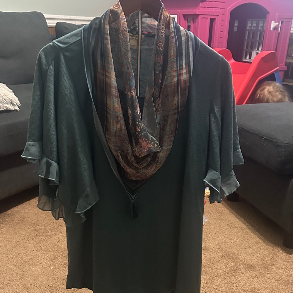 Chic Teal Blouse with Patterned Scarf